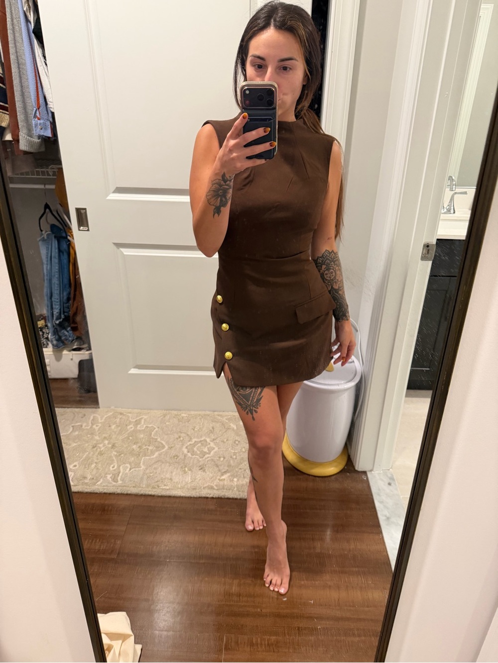 Showpo Brown Sleeveless Mini Dress with Gold Buttons